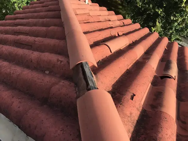 Close-up of red clay barrel tiles along a roof ridge